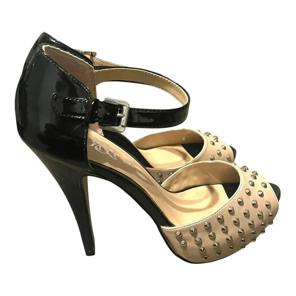 Rock Republic Platform Heels Womens 8.5 Black Beige Studded Peep Toe Excellent‎